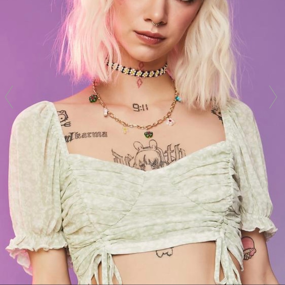 Lelis Collection Green Floral Ruched Mesh Crop Top